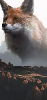 Majestic fox emerges from misty mountain landscape.