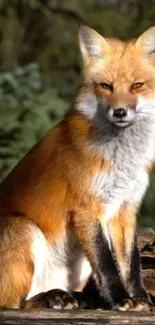 A majestic fox sitting in the forest with vibrant orange fur.