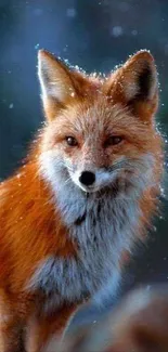 A majestic fox stands in a snowy winter landscape.