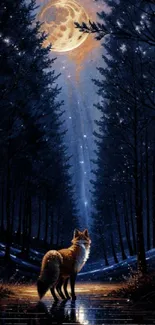 A fox stands in a dark forest under a glowing full moon, creating a mystical scene.