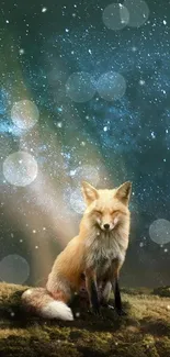 Fox sitting under a starry sky on a mobile wallpaper.