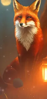 Majestic fox with glowing lantern under starry sky.