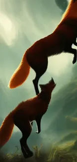 Two foxes leaping together in a mystical green forest.