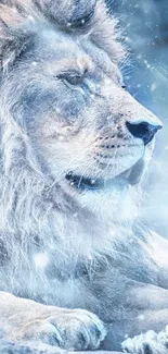 Frosted lion captured in snowy setting, exuding natural elegance.