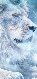 A majestic lion in a frosty blue and white winter scene, radiating serenity.