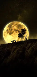 Silhouette of a tree and horse against a full moon on a rugged mountain.