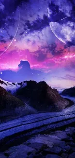 Majestic galaxy landscape with mountains and a starry night sky in purple hues.