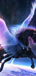 Majestic Pegasus with galaxy wings over a starry night sky.