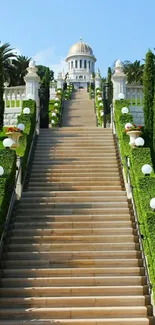 Majestic garden staircase leading to a temple with lush greenery.