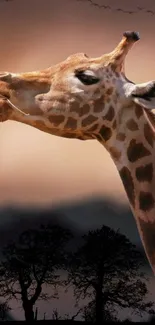 Giraffe standing against a savannah sunset with silhouetted trees.