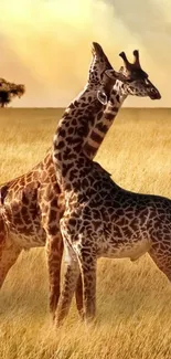 Two giraffes standing in a golden savanna with a tree in the background.