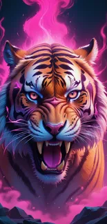 Vibrant glowing tiger with pink flames.