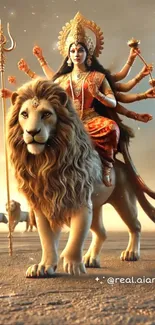 Goddess with multiple arms riding a lion amid a celestial backdrop.