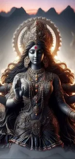 Intricate artwork of a divine goddess with multiple arms in a spiritual setting.