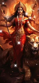 Goddess riding a lion with a fiery, powerful presence.