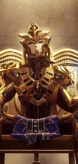 Futuristic golden-armored warrior in regal pose.