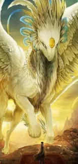 Majestic golden-winged creature in fantasy landscape wallpaper.