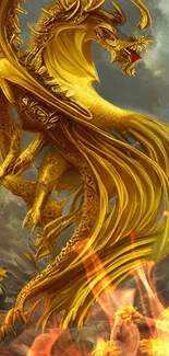 Majestic golden dragon with yellow flowers in vibrant fantasy art.