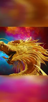 Majestic golden dragon against a vibrant cosmic background.