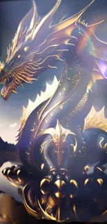 Golden dragon with dark blue highlights on a mystical background.