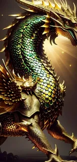 Majestic golden dragon with shimmering scales on a striking wallpaper.