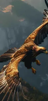 Majestic golden eagle soaring over mountains.