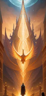 Majestic golden fantasy wallpaper with a glowing angelic figure.