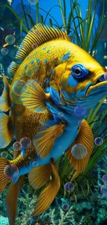 Majestic golden fish amidst colorful aquatic scenery with bubbles.