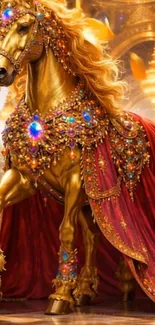 Majestic golden horse adorned with jewels in fantasy setting.