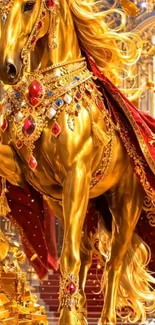 Golden horse adorned with red jewels in a luxurious setting.