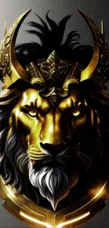 Golden lion head with intricate crown on a dark background.