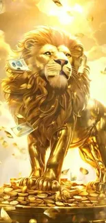 Majestic golden lion surrounded by money.