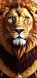 Majestic lion with a golden crown and mane in vibrant artwork.