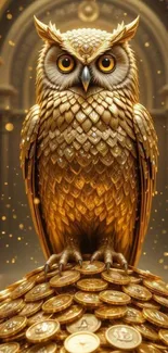 Golden owl perched on coins in elegant setting.