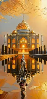 Illustration of a majestic golden palace with a stunning water reflection.