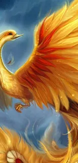 Golden phoenix with fiery wings soaring in a mystical sky.