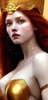 Majestic queen with red hair and golden crown in fantasy artwork.