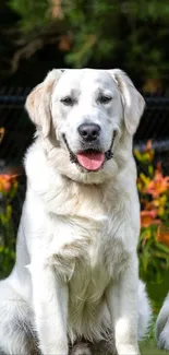 Golden retriever posing outdoors in a garden setting.