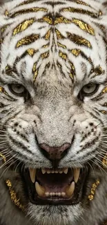 Golden accented white tiger face close-up wallpaper.