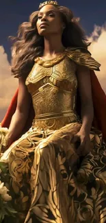 Majestic woman in golden armor with flowing gown and flowers, set against clouds.