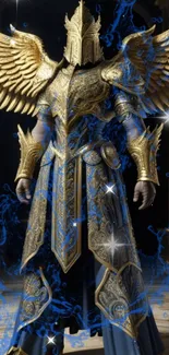 Majestic warrior in golden armor with radiant wings set against a dark background.