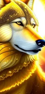 Golden wolf illustration with vibrant colors and glowing design.