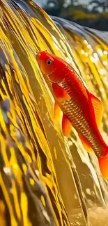 Vibrant goldfish jumping up golden waterfall.