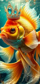 A goldfish with a royal crown in an underwater setting.