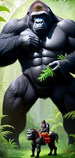 Majestic gorilla in a lush green jungle wallpaper for mobile.