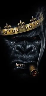 Gorilla wearing a crown and smoking a cigar on a dark background.