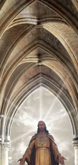 Statue under gothic arches with serene sky.