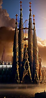 Gothic cathedral under vibrant sunrise skies with dramatic architecture.