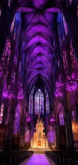 Gothic cathedral interior with vibrant purple lighting and grand architecture.