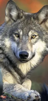 Close-up of a majestic gray wolf in an autumn background for mobile wallpaper.